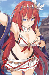  alexiel_(summer)_(granblue_fantasy) bare_shoulders bikini blue_eyes breasts cleavage day feather_hair_ornament feathers female godsworn_alexiel granblue_fantasy hair_between_eyes hair_ornament large_breasts long_hair looking_at_viewer navel outdoors pleated_skirt red_hair red_ribbon ribbon shiseki_hirame skirt solo swimsuit white_bikini white_feathers white_skirt 