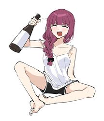  :d alcohol bare_legs barefoot black_bow black_shorts bocchi_the_rock! bottle bow braid breasts camisole cleavage closed_eyes commentary_request danji_bang dolphin_shorts drunk female full_body hairbow highres hiroi_kikuri korean_commentary legs long_hair open_mouth purple_hair sharp_teeth shorts simple_background single_braid smile solo teeth toes white_background white_camisole 