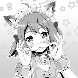  ahoge animal_ear_fluff animal_ears animare bell blush bow choker closed_mouth collarbone commentary_request dog_ears fake_facial_hair fake_mustache female greyscale hands_up highres holding jingle_bell looking_at_viewer maid_headdress miso_panda monochrome nanashi_inc. neck_bell sailor_collar smile solo souya_ichika souya_ichika_(2nd_costume) starry_background two_side_up upper_body virtual_youtuber wrist_cuffs 