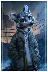  2020 absurd_res anthro black_nose blue_eyes border canid canine clothed clothing communication_tower detailed detailed_background detailed_fur digital_media_(artwork) digital_painting_(artwork) fluffy fur hand_in_pocket hands_in_both_pockets hi_res hoodie jacato looking_at_viewer male mammal outside pockets raining red_light shaded soft_shading solo standing star sunrise sunset text text_on_clothing text_on_hoodie text_on_topwear topwear tower utility_line whiskers white_border 