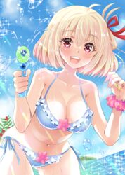  bikini blonde_hair blue_bikini blue_sky bob_cut breasts cleavage cloud commentary_request cowboy_shot day female frilled_bikini frills hair_ribbon highres lycoris_recoil medium_breasts nishikigi_chisato open_mouth outdoors red_eyes red_ribbon ribbon round_teeth short_hair sky solo swimsuit teeth uonuma_yuu upper_teeth_only water water_gun 