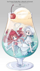  2girls artist_name beret blue_eyes bow character_name cherry commentary_request copyright_name cup dress drinking_glass finger_to_mouth food fruit grey_background hair_ribbon hat haya_bs highres hurricane_glass ice_cream ice_cream_float in_container konno_junko long_hair looking_at_viewer low_twintails matching_outfits minamoto_sakura mini_person minigirl multiple_girls no_shoes oversized_object polka_dot polka_dot_ribbon puffy_short_sleeves puffy_sleeves red_hair red_headwear ribbon sailor_collar sailor_dress sash short_sleeves smile submerged thighhighs title twintails waist_bow white_dress white_hair white_headwear white_legwear zettai_ryouiki zombie_land_saga 