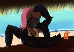  2021 alcohol ambiguous_gender anthro arachnid arthropod beach beverage dark_body dark_skin detailed_background hair hi_res kordcross multi_limb pink_eyes pink_hair seaside signature solo spider 