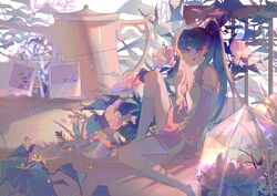  absurdres arm_at_side backlighting blue_eyes blue_hair blue_theme breasts closed_mouth clothes_pin commentary detached_sleeves expressionless female fingernails flower from_side full_body grass hair_ornament hand_up hatsune_miku headset highres iridescent leaf leg_up light lobelia_(saclia) long_hair looking_afar mini_person minigirl morning_glory musical_note musical_note_hair_ornament number_tattoo pale_color photo_(object) pink_theme plant pleated_skirt shadow shirt shoulder_tattoo sideboob sitting skirt sleeveless sleeveless_shirt small_breasts solo straight_hair tattoo terrarium thighs treble_clef trellis twintails vocaloid watering_can white_flower white_legwear white_shirt 