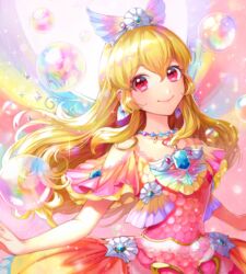  aikatsu! aikatsu!_(series) aikatsu_on_parade! bare_shoulders blonde_hair bubble closed_mouth collarbone commentary_request dress earrings female glint hair_between_eyes hair_ornament hoshimiya_ichigo jewelry long_hair looking_at_viewer matsurika_youko pink_dress red_eyes smile solo upper_body very_long_hair 