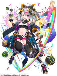  :d bare_shoulders belt black_gloves black_shirt bomb bow chitose_(mahou_tsukai_to_kuroneko_no_wiz) clothing_cutout commentary_request crop_top detached_sleeves explosive female fingerless_gloves full_body glint gloves grey_hair hair_ornament hairbow hairclip highleg holding holding_sword holding_weapon katana kt._(kaisou-notagui) long_hair looking_at_viewer mahou_tsukai_to_kuroneko_no_wiz midriff navel official_art open_mouth pants ponytail pouch purple_eyes rainbow scarf shirt shoes simple_background single_glove smile sneakers solo stomach sword thigh_cutout v-shaped_eyebrows weapon white_background 