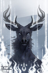  2021 antlers black_body black_fur blue_eyes bust_portrait deer digital_media_(artwork) fur hi_res horn looking_at_viewer mammal portrait signature solo tatiilange text url 