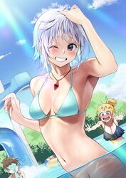  1boy 2girls ;d ? bikini bikini_top_only black_bikini blonde_hair blush bottomless breasts brown_hair chris_(konosuba) collarbone commentary_request contemporary cowboy_shot darkness_(konosuba) dutch_angle grin groin hair_bun hair_ornament hairclip highres innertube izawa_(bhive003) kono_subarashii_sekai_ni_shukufuku_wo! large_breasts long_hair looking_at_viewer multiple_girls navel one_eye_closed open_mouth outdoors outstretched_arms pool satou_kazuma short_hair single_hair_bun slide small_breasts smile solo_focus swim_ring swimsuit tree unaware unworn_bikini_bottom wardrobe_malfunction water water_slide white_bikini 