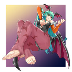  animal_print arms_behind_back ass bare_shoulders barefoot bat_print bat_wings border breasts cleavage clothing_cutout demon_girl detached_sleeves eiji_(eiji) feather_trim feet female foot_focus foreshortening greek_toe green_eyes green_hair hand_in_own_hair head_wings heart_cutout highres large_breasts leggings leotard long_hair morrigan_aensland multicolored_background nail_polish print_leggings smile soles solo thighs toenail_polish toenails toes vampire_(game) white_background white_border wings 