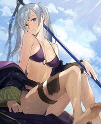  bare_shoulders barefoot bikini blue_sky breasts brown_eyes brown_gloves cleavage cloud commentary_request day female fire_emblem fire_emblem_awakening fire_emblem_heroes gloves highres kyufe long_sleeves looking_at_viewer medium_breasts navel o-ring o-ring_bikini off_shoulder outdoors polearm purple_bikini robe robin_(female)_(fire_emblem) robin_(female)_(summer)_(fire_emblem) robin_(fire_emblem) sitting sky solo spear sweat sweatdrop swimsuit thigh_strap twintails weapon white_hair 