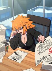  aniwars aqua_eyes bags_under_eyes black_jacket blitz_(aniwars) bra bra_slip breasts building chair cleavage cup disposable_coffee_cup disposable_cup female highres holding holding_paper jacket large_breasts long_hair looking_at_viewer office office_lady on_chair open_mouth orange_hair paper pen ponaners shirt sitting solo table underwear white_shirt window 