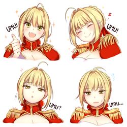  absurdres ahoge blonde_hair blush breasts cleavage closed_eyes closed_mouth commentary english_commentary facing_viewer fangs fate/extra fate/grand_order fate_(series) female flying_sweatdrops green_eyes hair_intakes highres large_breasts looking_at_viewer multiple_views nero_claudius_(fate) nero_claudius_(fate/extra) open_mouth parted_lips portrait short_hair smile sweatdrop teeth thumbs_up umu_(phrase) upper_teeth_only yumyum 