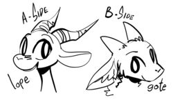  2021 2_horns ambiguous_gender antelope anthro black_and_white bovid caprine chico_(fuel) duo english_text facial_markings fuel_(artist) goat head_markings headshot_portrait horn inner_ear_fluff looking_at_viewer male_(lore) mammal markings model_sheet monochrome notched_ear open_mouth open_smile portrait raimi_(fuel) simple_background smile text tuft white_background 