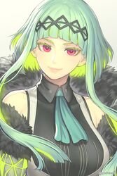  ascot blunt_bangs collared_shirt commentary cropped_jacket devil_summoner:_soul_hackers devil_summoner_(series) female fur_trim gofelem green_hair hair_ornament headband highres looking_at_viewer multicolored_hair red_eyes ringo_(soul_hackers_2) shirt short_hair short_hair_with_long_locks sidelocks simple_background smile solo soul_hackers_2 vest 