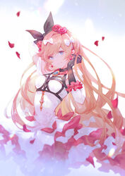  black_gloves blonde_hair blue_eyes bow chest_harness clarisse_(granblue_fantasy) clarisse_(soleil_blanc)_(granblue_fantasy) commentary_request dress earrings female frilled_dress frills gloves granblue_fantasy hairbow harness headband jewelry long_hair official_alternate_costume petals sleeveless sleeveless_dress smile solo vienri 