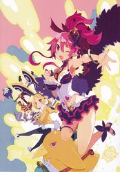  3girls animal_ears arched_crown armpits black_legwear blonde_hair bracelet breasts bright_pupils butterfly_hair_ornament clenched_hand crown disgaea fake_animal_ears fake_tail frilled_skirt frills fur_trim gloves hair_ornament harada_takehito high_heels holding holding_wand hood hood_down jewelry large_breasts long_sleeves looking_at_viewer majorita_(disgaea) makai_senki_disgaea_5 midriff miniskirt multiple_girls navel necktie netherworld_(disgaea) non-web_source oerba_yun_fang official_art one_eye_closed open_hand open_mouth outstretched_arm pantyhose pink_hair prinny purple_eyes purple_hair rabbit_ears rabbit_tail red_crown red_eyes seraphina_(disgaea) short_hair sidelocks skirt skull_hair_ornament tail thigh_strap toeless_footwear twintails updo upside-down usalia_(disgaea) wand white_footwear 