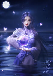  absurdres artist_request bug butterfly closed_mouth dark dress expressionless falling_petals female glowing_butterfly highres long_hair long_sleeves moon orb petals purple_dress purple_eyes purple_hair qinshi_mingyue realistic second-party_source solo sparkle upper_body water zi_nu_(qinshi_mingyue) 