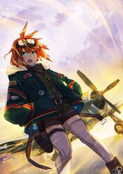  :d aircraft airplane akai_kagerou belt blue_eyes blush bomber_jacket boots brown_footwear brown_shorts chloe_williams commentary_request cross-laced_footwear dutch_angle female formation_girls goggles goggles_on_head green_jacket hands_in_pockets highres jacket lace-up_boots looking_at_viewer open_mouth orange_hair p-47_thunderbolt photoshop_(medium) shorts smile solo thighhighs white_thighhighs 