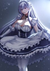  azur_lane belfast_(azur_lane) blue_eyes blush braid breasts chains cleavage collar collarbone commentary dress female french_braid frills gloves grey_hair highres large_breasts long_hair looking_at_viewer maid maid_headdress skirt_hold solo thighhighs tiri_man white_gloves white_thighhighs 