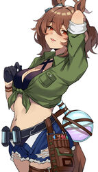  absurdres agnes_tachyon_(lunatic_lab)_(umamusume) agnes_tachyon_(umamusume) animal_ears arm_behind_head bag bikini black_bikini black_gloves blue_shorts breasts brown_hair cleavage commentary denim denim_shorts female gloves green_shirt groin hair_between_eyes hand_up highres horse_ears horse_girl looking_at_viewer medium_breasts midriff navel official_alternate_costume official_alternate_hairstyle open_clothes open_fly open_mouth open_shorts pirukusu red_eyes shirt short_hair shorts simple_background smile solo swimsuit test_tube tied_shirt umamusume white_background 