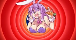  animal_ears bare_arms bare_shoulders bow bowtie breasts bugs_bunny carrot cleavage detached_collar drooling eating erina_(rabi-ribi) female food food_on_face holding holding_food jiete leotard long_hair looney_tunes medium_breasts mouth_drool open_mouth parody pink_bow pink_bowtie playboy_bunny purple_eyes purple_hair purple_leotard rabbit_ears rabi-ribi solo strapless strapless_leotard traditional_bowtie very_long_hair white_wrist_cuffs wrist_cuffs 