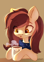  absurd_res beverage brown_hair coffee container cup digital_media_(artwork) ear_tuft earth_pony equid equine eye_through_hair eyebrow_through_hair eyebrows eyelashes fan_character female feral fur hair hasbro hi_res horse long_hair looking_down mammal my_little_pony open_mouth orange_eyes pony scarf signature sofiko-ko solo steam tan_body tan_fur translucent translucent_hair tuft 