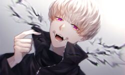  1boy bad_id bad_pixiv_id black_jacket black_shirt blonde_hair commentary_request facial_tattoo gakuran gradient_background hand_up high_collar highres inumaki_toge izumi_(kisshot1126) jacket jujutsu_kaisen long_sleeves looking_at_viewer magic male_focus open_mouth purple_eyes school_uniform shirt short_hair solo tattoo tongue_tattoo upper_body white_background 