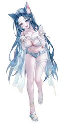  animal_ear_fluff animal_ears anklet bare_legs bare_shoulders bent_over blue_eyes blue_hair blue_ribbon blue_shorts blush bra breasts cat_ears cat_girl cleavage collarbone commentary detached_sleeves female full_body head_tilt highres jewelry large_breasts legs long_hair looking_at_viewer muaooooo navel open_mouth original pale_skin parted_bangs ribbon sandals see-through see-through_sleeves sharp_teeth shoes short_shorts shorts sidelocks simple_background smile solo standing standing_on_one_leg stomach strap symbol-only_commentary teeth thigh_strap thighs toeless_footwear toes underwear very_long_hair white_background white_footwear 