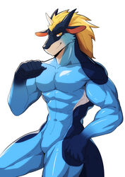  abs anthro biceps blonde_hair blue_body cosplay dragon hair hi_res horn it_was_me_dio jojo&#039;s_bizarre_adventure looking_at_viewer male meme muscular muscular_anthro muscular_male mythological_creature mythological_scalie mythology pecs rabbitdx26 scalie solo tail teryx teryx_commodore 