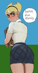  absurdres ass black_eyes blonde_hair blue_skirt book buenos_dias_mandy_(meme) closed_mouth cowboy_shot earrings female freckles from_behind frown highres holding holding_book jewelry looking_at_viewer looking_back mandy_(grim_adventures) meme miniskirt mossacannibalis shirt short_hair skirt solo spanish_text standing the_grim_adventures_of_billy_&amp;_mandy thick_eyebrows translated white_shirt 