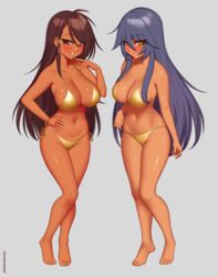  2girls artist_name bare_arms bare_legs bare_shoulders barefoot bikini black_hair blush breasts brown_hair chinatsu_(kuroonehalf) cleavage collarbone commentary dark-skinned_female dark_skin eyes_visible_through_hair feet full_body gold_bikini grey_background hair_between_eyes halterneck hand_on_own_hip highres kuroonehalf large_breasts long_hair looking_at_viewer multiple_girls nail_polish navel original parted_lips red_eyes shiny_skin side-tie_bikini_bottom simple_background smile string_bikini swimsuit toenail_polish toenails toes very_long_hair yellow_bikini yellow_eyes yellow_nails 