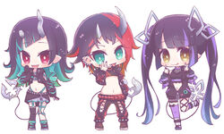  3girls asymmetrical_gloves badge belt belt_bra black_footwear black_gloves black_hair black_jacket black_nails black_pants black_ribbon black_shirt black_skirt black_thighhighs blue_belt blue_eyes blue_hair blue_legwear blue_panties blunt_bangs blush boots breasts bright_pupils button_badge chains chest_belt chibi clothing_cutout commentary_request crop_top cropped_jacket cross-laced_clothes cross-laced_pants cross-laced_sleeves demon_girl demon_horns demon_tail ear_chain ear_piercing flat_chest full_body garter_straps gloves grey_skirt heart heart_print highleg highleg_panties horns jacket jewelry kojo_anna layered_skirt leg_ribbon long_hair long_sleeves looking_at_viewer medium_breasts medium_hair midriff multicolored_footwear multicolored_hair multiple_girls nail_polish nanashi_inc. navel oerba_yun_fang off_shoulder open_clothes open_jacket open_mouth panties pants partially_fingerless_gloves piercing pointy_ears print_shirt purple_footwear purple_hair purple_legwear red_eyes red_hair red_pants ribbon ring ryugasaki_rene ryugasaki_rene_(1st_costume) see-through see-through_shirt shirt shishio_chris shishio_chris_(1st_costume) shoes shoulder_cutout simple_background single_thighhigh skin_fang skirt sleeveless sleeveless_shirt smile sneakers socks standing sugar_lyric tail thigh_strap thighhighs tongue tongue_out twintails two-tone_hair two-tone_pants underboob underwear virtual_youtuber vita_mineral white_background white_footwear white_pupils yellow_eyes zipper zipper_skirt 