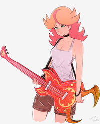  alternate_hair_length alternate_hairstyle amanda_o&#039;neill artist_name bass_guitar black_choker breasts choker cleavage commentary_request female green_eyes highres instrument little_witch_academia long_hair multicolored_hair omiza_somi orange_hair shorts simple_background solo tank_top two-tone_hair white_background 