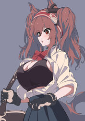  :o absurdres alternate_costume angelina_(arknights) animal_ears arknights bag black_gloves black_skirt black_sports_bra blush bow bowtie breasts brown_hair cleavage collar cowboy_shot female fox_ears fox_girl fox_tail gloves grey_background hairband headgear highres infection_monitor_(arknights) large_breasts long_hair long_sleeves looking_down open_clothes open_mouth open_shirt pleated_skirt red_bow red_bowtie red_eyes red_hairband sajimaririri school_uniform see-through shirt shoulder_bag simple_background skirt solo sports_bra tail twintails white_shirt 