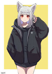  animal_ear_fluff animal_ears arm_up artist_name bad_id bad_pixiv_id black_coat black_hoodie blush border closed_mouth coat commentary_request cowboy_shot female grey_hair hand_in_pocket highres hood hood_down hoodie long_hair long_sleeves looking_at_viewer nayuhi_(yukimuu14) open_clothes open_coat original outside_border puffy_long_sleeves puffy_sleeves red_eyes simple_background smile solo thigh_gap white_border yellow_background 