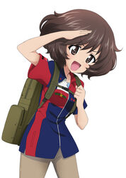  :d akiyama_yukari alternate_costume backpack bag blue_shirt brown_eyes brown_hair brown_pants circle_k_sunkus collared_shirt commentary cowboy_shot employee_uniform female girls_und_panzer kanau leaning_forward logo looking_at_viewer messy_hair multicolored_shirt open_mouth pants red_shorts shirt short_hair short_sleeves shorts simple_background smile solo standing uniform white_background 