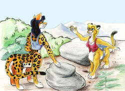  anthro black_hair blonde_hair breasts chakat chakona_space chest_tuft cougar dipstick_tail duo felid felid_taur feline female forestwalker fur gesture goldfur hair herm_(lore) mammal mammal_taur markings multicolored_tail open_mouth orange_body orange_fur outside pink_nose spots spotted_body spotted_fur susan_packard tail tail_markings taur tuft waving yellow_body yellow_fur 