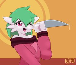  2021 closed_eyes clothing female gardevoir generation_3_pokemon green_hair hair happy hi_res knife kordcross nintendo pokemon pokemon_(species) red_eyes signature simple_background solo weapon 