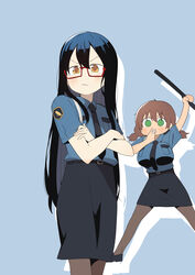  2girls absurdres baton_(weapon) black_skirt blue_background blue_shirt blush braid breasts brown_legwear bural_chingu can&#039;t_be_this_cute commentary crossed_arms glasses green_eyes hair_between_eyes ham_na-bi highres ju_hyeon-mi korean_commentary large_breasts looking_at_viewer low_twin_braids luke_(dydansgur) multiple_girls necktie ore_no_imouto_ga_konna_ni_kawaii_wake_ga_nai original pantyhose parody pencil_skirt police police_uniform policewoman red-framed_eyewear shirt short_braid short_twintails simple_background skirt twin_braids twintails uniform weapon yellow_eyes 