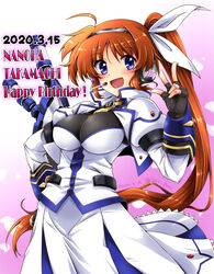  black_gloves blue_eyes breasts brown_hair commentary_request cowboy_shot female fingerless_gloves gloves gradient_background happy_birthday headphones headset highres large_breasts long_hair looking_at_viewer lyrical_nanoha mahou_senki_lyrical_nanoha_force pink_background san-pon solo strike_cannon takamachi_nanoha takamachi_nanoha_(exceed_mode) 