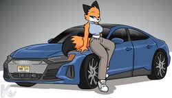  7:4 absurd_res anthro audi audi_e-tron black_body black_fur black_nose blue_eyes bottomwear canid canine car clothing crop_top dipstick_tail electric english_text female footwear fox fur german hi_res judy_reinard kangwolf license_plate mammal markings orange_body orange_fur pants red_fox shirt shoes sneakers solo tail tail_markings text tire topwear true_fox vehicle wheel 