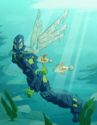  5_fingers ambiguous_gender armor bionicle blue_body carrying_over_shoulder detailed_background digital_drawing_(artwork) digital_media_(artwork) diving_mask female_(lore) fingers fish fruitcombo green_body hahli hi_res holding_object humanoid lego lego_brick living_machine machine marine mask metal_wings multicolored_body orange_eyes outside pouch_(disambiguation) rahi robot scuba scuba_gear sea seaweed solo standing toa two_tone_body underwater water 