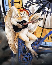  anthro avian avian_feet bandana bandanna_only barn_owl beak bird breasts claws clock clockwork feathered_wings feathers female gear guitar hi_res kerchief kerchief_only mostly_nude musical_instrument non-mammal_breasts oil_painting_(artwork) owl painting_(artwork) playing_guitar playing_music plucked_string_instrument scale_(artist) sitting solo string_instrument toe_claws traditional_media_(artwork) tyto tytonid wings 