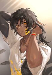  1boy absurdres adjusting_hair arknights bishounen black_hair closed_mouth dark-skinned_male dark_skin earclip glasses grey_background hair_between_eyes hair_tie hair_tie_in_mouth highres jewelry long_hair looking_at_viewer male_focus mouth_hold necklace orange_eyes shirt simple_background solo sparkle thorns_(arknights) thorns_(comodo)_(arknights) twitter_username undershirt uninhabitedisland429 upper_body white_shirt 