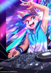  2021 5_fingers absurd_res anthro band-aid bandage canid canine clothing disc_jockey electronics fingers headphones hi_res hoodie kemono male mammal manadezimon open_mouth rave solo text topwear turntable_(decks) url vest wristband 