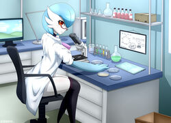  2021 alternate_color baterco blue_hair clothing coat detailed_background dr._voir female gardevoir generation_3_pokemon hair hi_res humanoid lab_coat laboratory_equipment nintendo orange_eyes pokemon pokemon_(species) scientific_instrument shiny_pokemon signature solo topwear 