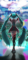  absurdres aqua_hair arms_up audience backlighting boots commentary concert dress female from_behind full_body glowstick grey_dress hair_ornament hand_in_hand_(vocaloid) hatsune_miku high_heels highres itogari long_hair magical_mirai_(vocaloid) magical_mirai_miku magical_mirai_miku_(2015) neon_trim outstretched_arms penlight_(glowstick) ribbon solo_focus sparkle stage standing thigh_boots thigh_strap thighhighs twintails very_long_hair vocaloid 