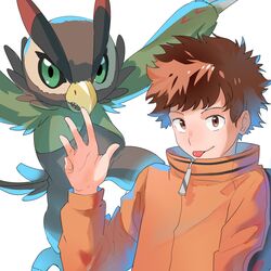  1:1 anthro bandai_namco beak brown_body brown_feathers brown_hair clothing digimon digimon_(species) digimon_survive duo falcomon falcomon_(survive) feathers green_eyes hair hi_res human jacket kcyan12 male mammal minoru_hyuga tongue tongue_out topwear wings 