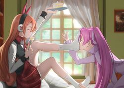  2girls absurdres akame_ga_kill! all_fours arm_up bad_id bad_pixiv_id black_hairband black_vest bow bowtie cake cake_slice chelsea_(akame_ga_kill!) closed_eyes closed_mouth collared_shirt commentary curtains dress english_commentary eyelashes feet food foot_on_another&#039;s_face foot_up full_body ghhoward hair_between_eyes hairband hairbow hand_up highres holding indoors knee_up legs long_hair long_sleeves mine_(akame_ga_kill!) miniskirt multiple_girls no_shoes orange_hair parted_bangs pillow pink_hair plaid plaid_skirt plate purple_dress red_bow red_bowtie ribbed_socks shadow shirt sidelocks sitting skirt socks thighs twintails upper_body vest white_shirt white_socks window 