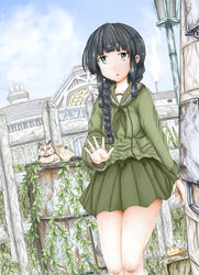  :o arm_at_side arm_up barrel black_hair blue_sky blunt_bangs braid braided_ponytail building chimney cloud commentary contrapposto crate day dutch_angle expressionless feline female fence green_neckerchief green_sailor_collar green_serafuku green_skirt grey_eyes kantai_collection kitakami_(kancolle) lamppost long_hair long_sleeves looking_at_viewer neckerchief open_hand outdoors plant pleated_skirt sailor_collar school_uniform serafuku sidelocks skirt sky sleeve_cuffs slug solo stone_wall vines wall wooden_fence ys_(ytoskyoku-57) 